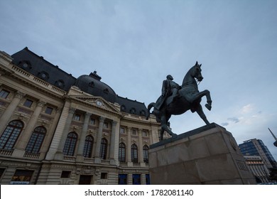 BUCHAREST, ROMANIA - FEBRUARY 11, 2020: central university library of bucharest, with the statue of Charles, or King Carol. It is the main academic library in Romania.

