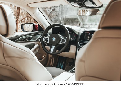 Bucharest, Romania - February 23 2020: Bmw 8 Series 840d interior cockpit view, steering wheel shot