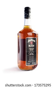 Bucharest, Romania - Jan 24, 2014: A bottle of Jim Beam Black isolated on white. Jim Beam is an American brand of bourbon whiskey. It was one of the best selling brands of bourbon in the world in 2008.