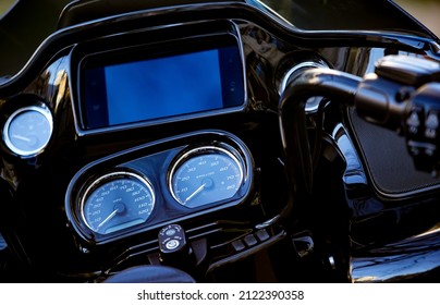 Bucharest, Romania - January 05, 2022: The dashboard of a harley davidson road glide special 2018 motorcycle.