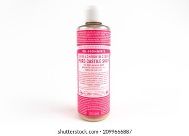 Bucharest, Romania - January 1, 2022: Dr.Bronner's 18-in1 Cherry Blossom, Pure Castile Soap