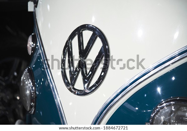 Bucharest,\
Romania - January 11, 2019: Close up with Volkswagen 21 Window\
logo, presented at Tiriac Collection\
Museum.