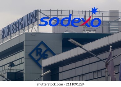 Bucharest, Romania - January 12, 2022: The Logo Of French Food Services And Facilities Management Company Sodexo Is Seen On The Top Of A Building, In Bucharest, Romania.