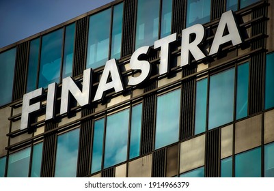 Bucharest, Romania - January 19, 2021: The logo of British financial technology company Finastra is seen on top of its headquarter building, in Bucharest.