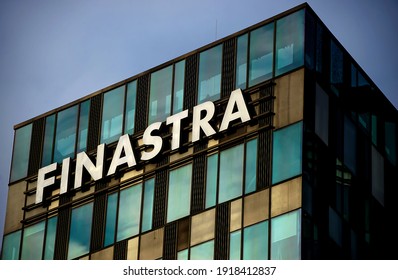Bucharest, Romania - January 19, 2021: The logo of British financial technology company Finastra is seen on top of its headquarter building, in Bucharest.