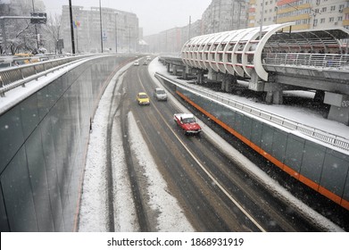 Bucharest, Romania - January 25, 2012: Heavy snow during a winter day in Bucharest.