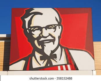 BUCHAREST, ROMANIA - JANUARY 5, 2015. Colonel Sanders, the the official face of Kentucky Fried Chicken logo. KFC is a fast food restaurant chain that specializes in fried chicken.