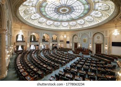 Bucharest / Romania - July 14, 2020: The Senate Hall Inside The Palace Of Parliament.