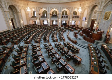 Bucharest / Romania - July 14, 2020: The Senate Hall Inside The Palace Of Parliament.