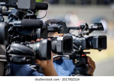 Bucharest, Romania - July 25, 2020: A Panasonic Handheld Camcorder Of A News TV Channel Is Seen At A News Event In Bucharest.