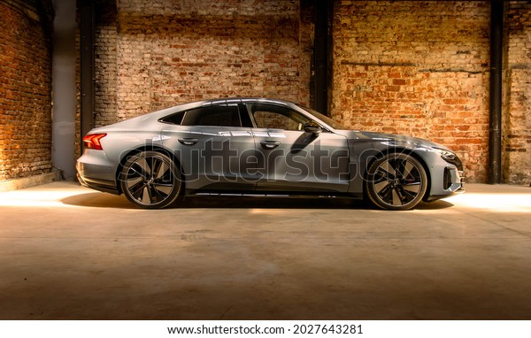 Bucharest, Romania - July 25 2021: 2021 Audi\
e-tron GT side\
profile