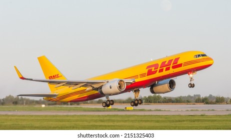 Bucharest, Romania - July 3, 2020: A DHL Boeing 757-23N aircraft departing from Bucharest Henri Coanda International Airport