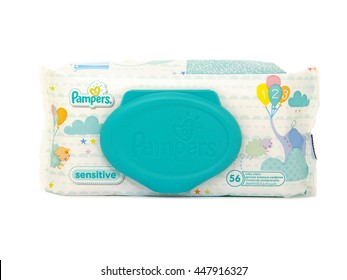 BUCHAREST, ROMANIA - July 4, 2016. Pampers Sensitive Baby Wipes Pack. Pampers Sensitive baby wipes are clinically proven mild, dermatologist-tested, hypoallergenic, and perfume-free.