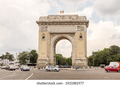 Bucharest, Romania - July 8, 2013: Triumphal arch marking independence in the centre of Bucharest, Romania