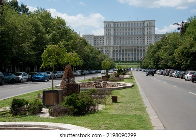 BUCHAREST, ROMANIA - JUN 12, 2014: Palace Of The Parliament, View From The Unirii Blvd Grass Median.