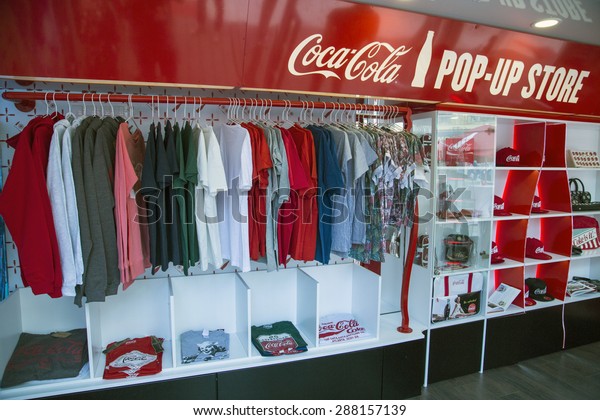 BUCHAREST,\
ROMANIA - June 18,2015: To celebrate the 100th birthday of the\
Coca-Cola contour bottle, a pop-up store will be open between June\
18 to 24 at University Square in\
Bucharest.