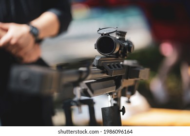 Bucharest, Romania - June 5, 2021: Shallow depth of field (selective focus) image with a .50 caliber sniper rifle.