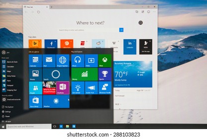 Bucharest, Romania - June17,2015: Photo of Windows 10 Insider preview running on a pc screen with new Edge browser. Windows 10 is the new version of Windows OS; it is set for release on July 29, 2015.
