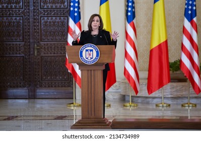 Bucharest, Romania - March 11 2022 - U.S. Vice President Kamala Harris makes statements during a press conference with the Romanian President Klaus Iohannis