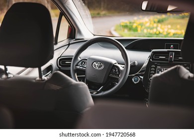 Bucharest, Romania - March 15 2021: 2021 Toyota Prius interior 
