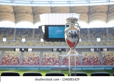 Bucharest, Romania - March 16, 2019: The Original UEFA Euro 2020 Tournament Trophy Is Being Presented To The Public On The National Arena Stadium In Bucharest.