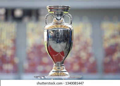 Bucharest, Romania - March 16, 2019: The Original UEFA Euro 2020 Tournament Trophy Is Being Presented To The Public On The National Arena Stadium In Bucharest.