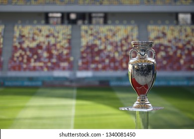 Bucharest, Romania - March 16, 2019: The Original UEFA Euro 2020 Tournament Trophy Is Being Presented To The Public On The National Arena Stadium In Bucharest.