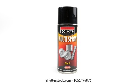 Bucharest, Romania - March 19, 2018: Soudal multi spray. Soudal is a Belgian company. The company has developed into one of the most important independent producers of silicone and caulks. - Shutterstock ID 1051496876
