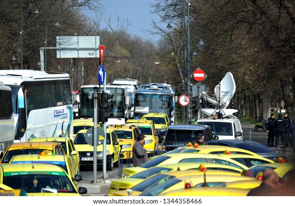 Bucharest,\
Romania - March 20, 2019: Transporters from Romania protesting in\
front of the government, Victory\
Square