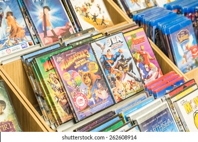 BUCHAREST, ROMANIA - MARCH 22, 2015: Children Animated Movies On DVD For Sale On Library Shelf.