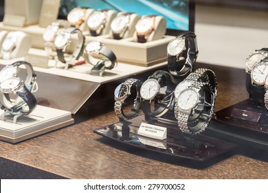 BUCHAREST, ROMANIA - MAY 19, 2015: Luxury Watches For Sale In Shop Window Display.
