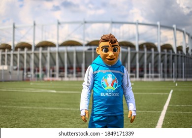 Bucharest, Romania - May 24, 2019: A Person Dressed As Skillzy, The Official Euro 2020 Soccer Tournament Mascot, At The National Arena Stadium.