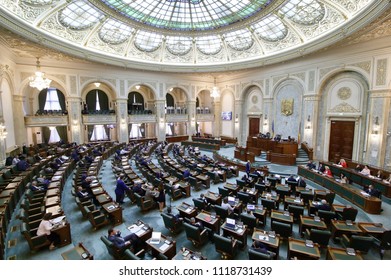 Bucharest, Romania - May 29, 2018: The Senators Attend The Proceedings Of The Senate Of Romania At The Parliament Palace, In Bucharest, Romania.