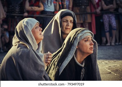Bucharest, Romania - May 3, 2013: Romanian actress portrays grieving Virgin Mary during the Stations of the Cross reenactment.
