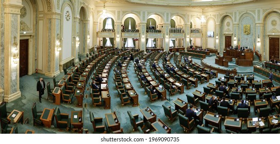 Bucharest, Romania - May 5, 2021: Panorama With The Romanian Senate Hall Inside The Palace Of Parliament.