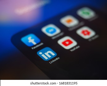 Bucharest, Romania - October 02, 2019: Linkedin App Near Social Media Applications Are Trending And Both Business As Consumer Are Using It For Information Sharing And Networking.