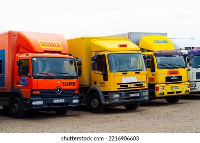 Bucharest, Romania - October 09, 2022: Driving School (scoala) Sign, Romanian Driving School Car Sign. Truck Driving School