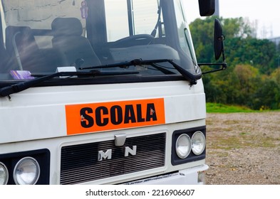 Bucharest, Romania - October 09, 2022: Driving School (scoala) Sign, Romanian Driving School Car Sign. Truck Driving School