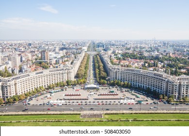 Bucharest, Romania - October 1, 2016: High angle view of Unirii Boulevard and Constitutiei square in Bucharest, Romania.