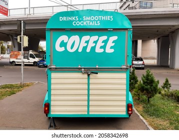 Bucharest, Romania - October 10, 2021: A bumper pull horse trailer transformed into a street cafe.