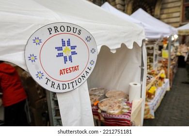 Bucharest, Romania - October 10, 2022: Shallow Depth Of Field (selective Focus) Details With A Sign Reading In Romanian “Traditional Product. Certified” In A Farmers Market.