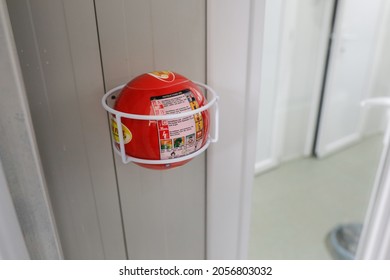 Bucharest, Romania - October 12, 2021: Fire Extinguisher Ball Inside A Hospital In Bucharest.