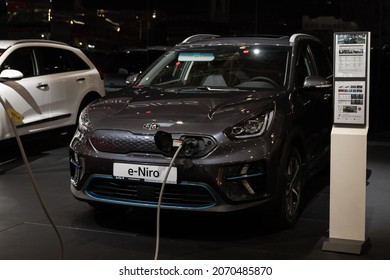 Bucharest, Romania, October 15-2021: Kia e-Niro presented at SAB and accessory 2021, front car