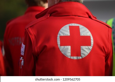 BUCHAREST, ROMANIA - October 20, 2018: Details With The Austrian Red Cross Symbol On A Uniform