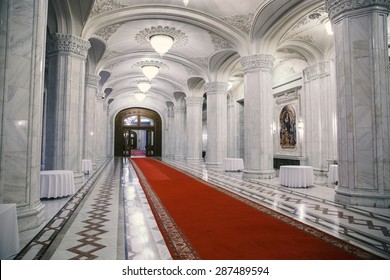 Bucharest, Romania - October 22, 2014: Inside Parliament palace building, Romania. One of  the huge halls of Romanian Parliament palace