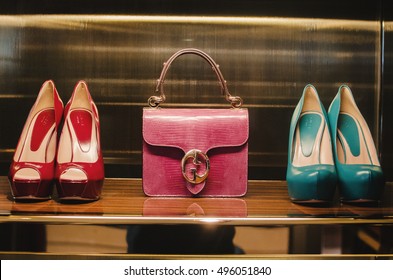 Bucharest, Romania - October 23, 2013: Handbags and shoes in a Gucci store.