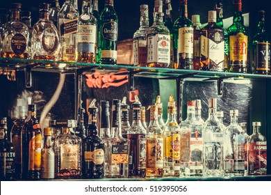 Bucharest, Romania - October 29, 2016: Image of various alcohol bottles in a pub in Bucharest, Romania.