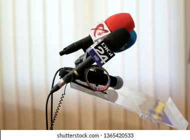 Bucharest, Romania - September 09, 2018: A Microphone Of The Romanian Television Digi 24 And One From Realitatea TV Are Seen Before A Press Release. This Image Is For Editorial Use Only.