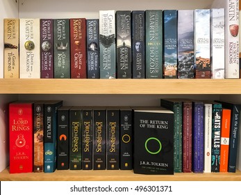 BUCHAREST, ROMANIA - SEPTEMBER 20, 2016: Latest English Fantasy Novels For Sale In Library Book Store.