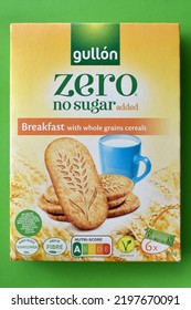 BUCHAREST, ROMANIA - SEPTEMBER 2022: Gullon Zero Breakfast Biscuits With Whole Grains Cereals Packaging. 